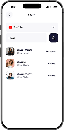 App screenshot showing creator search